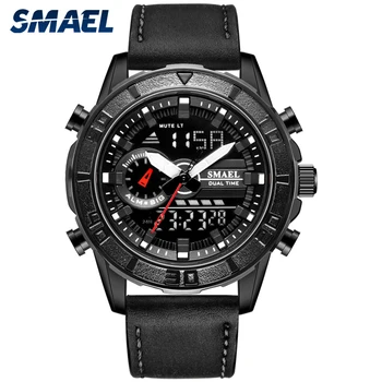 

Quartz Watch Analog SMAEL Watches Fashion Dual Display erkek kol saati 1411 Leather Watch Band Relogio Masculino Black Watches