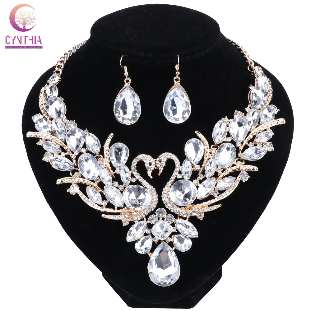 Fashion Crystal Bridal Jewelry Set For Woman Gold Color Swan Pendant