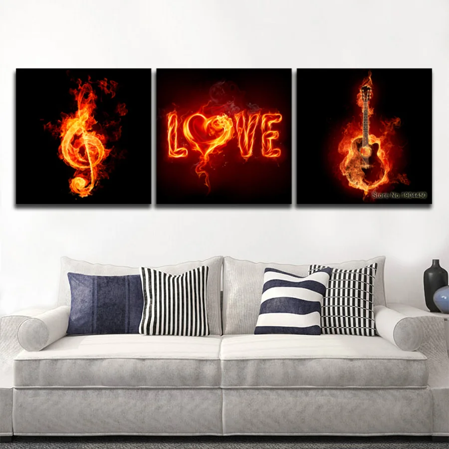 

3 Panel Canvas Art Love Music Guitar Fire Painting Modular Picture HD Prints Artwork for Home Decor Living Room Bedroom Gift