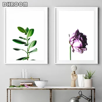 

Green Leaf Plant Wall Art Poster Love Quotes Rose Print Purple Flower Canvas Painting Wall Pictures for Living Room Home Decor