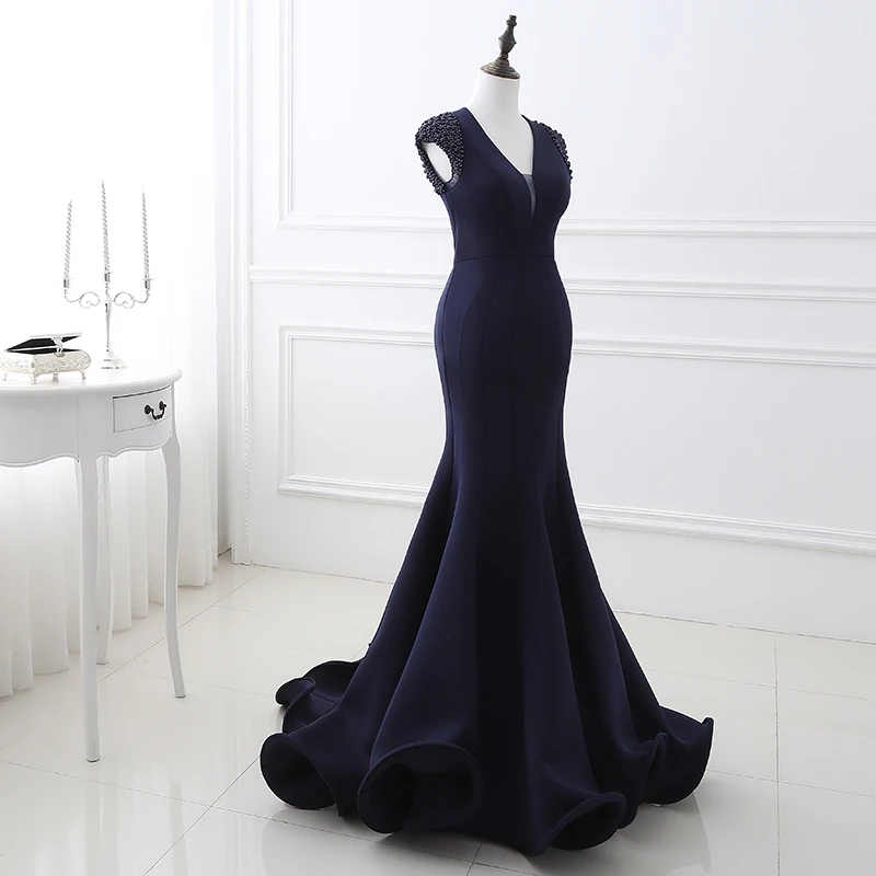 Sexy 2018 Evening Gown for Women V Neckline Open Back Mermaid Evening Dresses Long Blue Satin Beaded