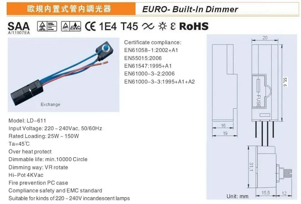 Высокое качество LD-611 вход 220-240 В ac евро встроенный 25~ 150 Вт Варистор диммер для ламп накаливания части освещения CE RoHS SAA