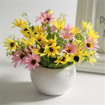 

Ceramic Pot Artificial Flowers Wedding Decorative Fake Flower Party Decoration Accessories Yellow and Pink daisy green plant