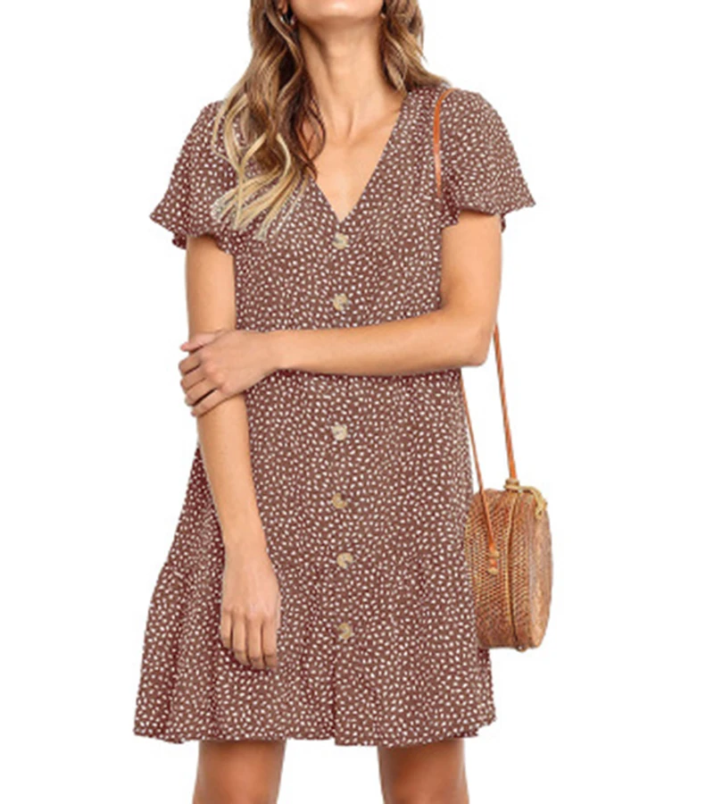 2019 summer women print dress short sleeve loose ruffle ladies short dress casual blue black women party mini dress (15)