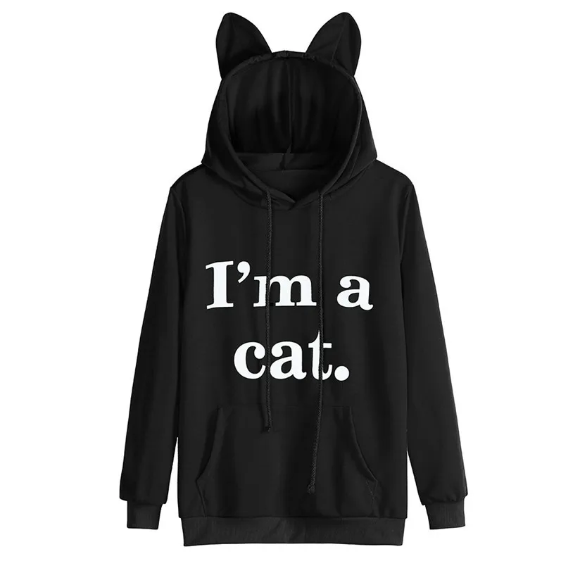 

JAYCOSIN Newly Design Women Tops I'am A Cat. Cute Cat Ear Hoodie Sweatshirt With Front Pocket de5