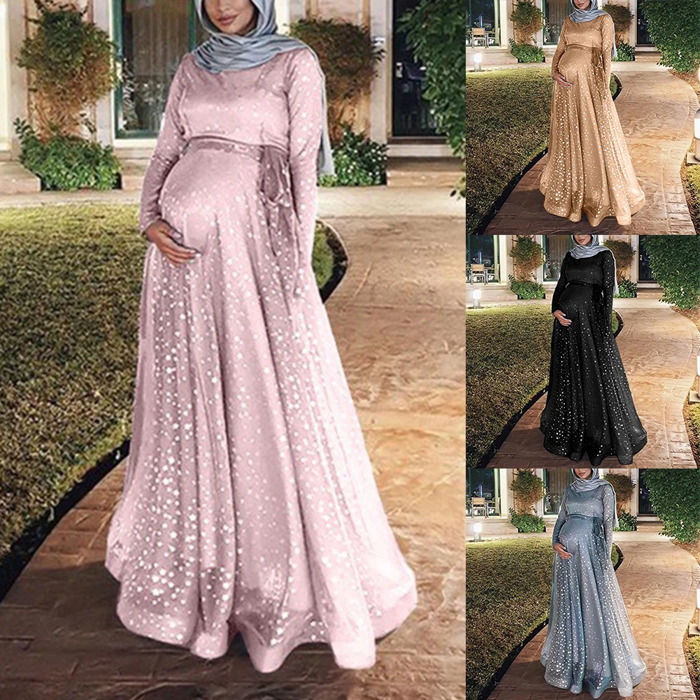 

Women Digital Print Long Sleeve Polyester Maternity Dress Party Gown Long Maxi Summer Evening Retro Muslim Cocktail Crew Neck