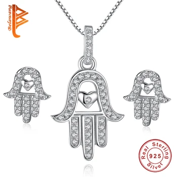 

BELAWANG New Arrival 925 Sterling Silver Hamsa Hand Pendant Necklace&Stud Earrings Jewelry Sets For Women Authentic Jewelry Gift