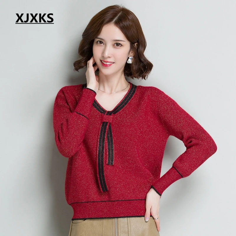 

XJXKS Knitted Pullover High Quality Short Sweater Women V-neck Pull Femme Hiver Casual Long Sleeve Elastic Sweaters