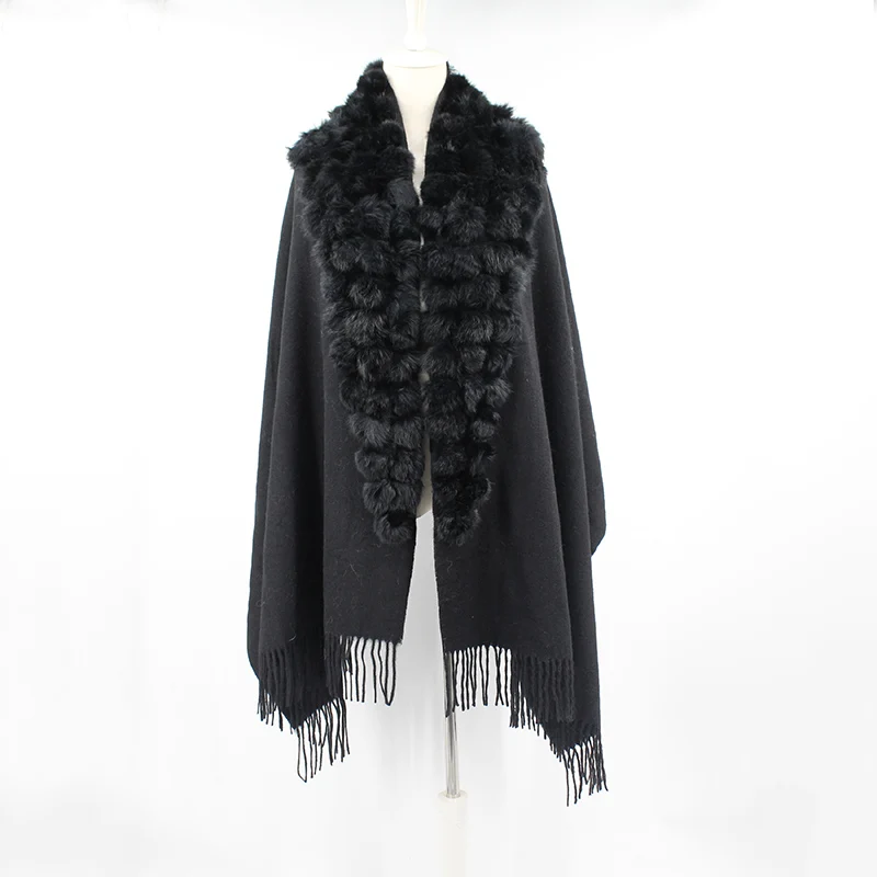 100% sheep fur cashmere shawl with real rabbit fur balls (5)