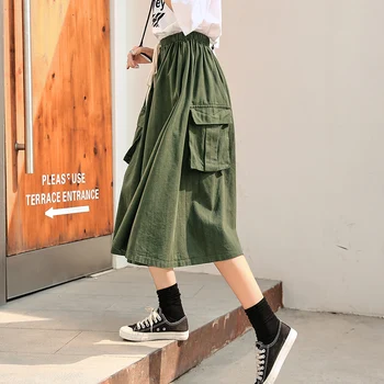 

Vintage Pockets Midi Skirt Women Spring Summer Casual Loose High Elastic Waist skirt female Japanese Washed cotton A-line Skirt