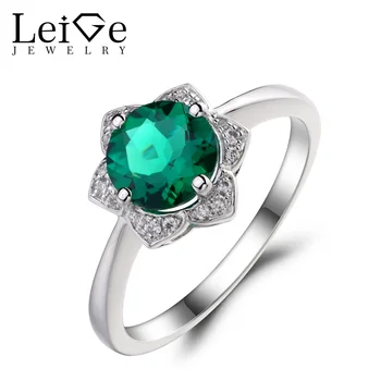 

Leige Jewelry Lab Emerald Engagement Wedding Rings 925 Sterling Silver Ring Round Cut Gemstone May Birthstone Rings for Women