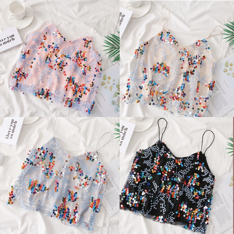 Women's Clothing 2019 Beach Casual Short Sleeve Tops Backless Camisole Cropped Tops V-Neck Sequins Sleeveless Tank 912-A277