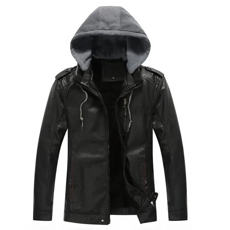 Autumn and winter selling men 's leather jacket leisure jacket with cap