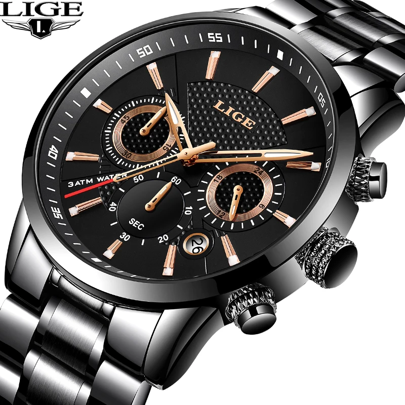 

LIGE Watches Men Top Brand Luxury Classic Black Quartz Men Watch Male Fashion Waterproof Full Steel Sport Watch Montre homme+Box