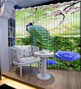 

Modern Curtains For Living Room Beautiful green ground peacock Blackout 3D Curtain rose flower Bedroom Curtain