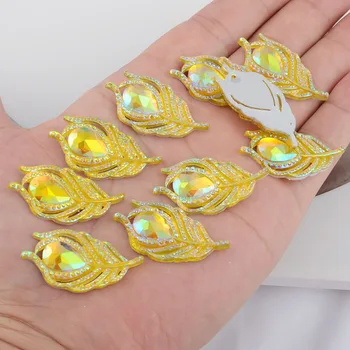

BOLIAO DIY 10Pcs 20*38mm( 0.79*1.5in ) AB Color Peacock Leaf Resin Shining Yellow Rhinestone Flatback No Hole Home Decor Crafts