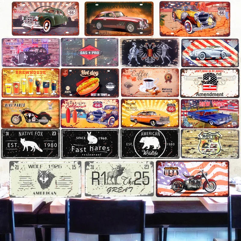 

USA Vintage Car License Plates Decorative Metal Tin Signs Shabby Chic Home Pub Bar Motorcycle Decor Route 66 Iron Plaque 30x15cm