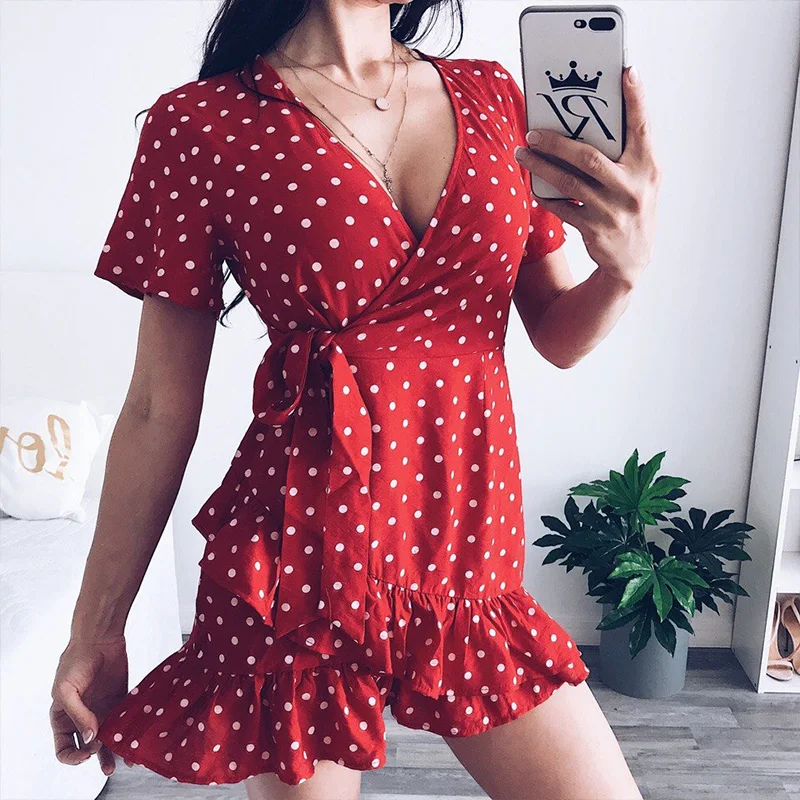 

Lily Rosie Girl 2018 Deep v neck ruffle summer dress Women casual polka dot dress Beach short sleeve party dress red