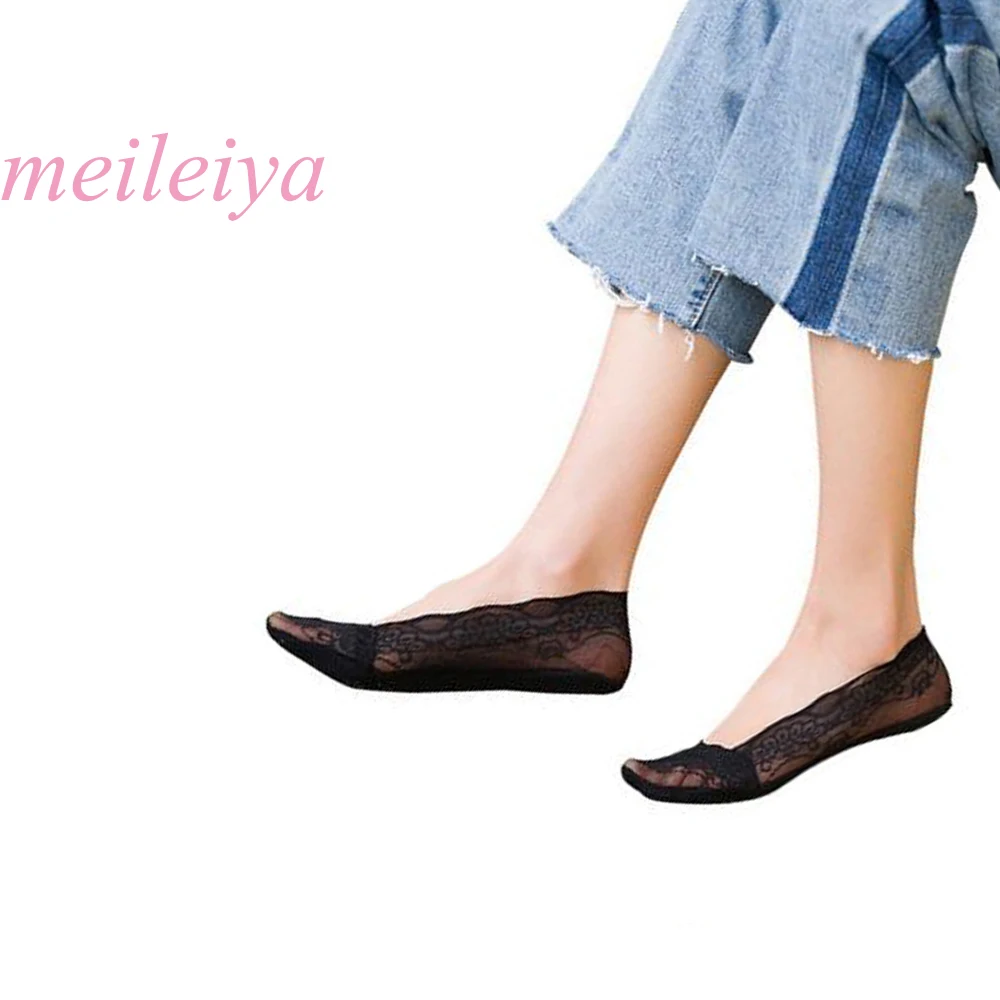 

MEILEIYA 5 Pairs/Bag Women's Cotton Socks Ladies Shallow Mouth Invisible Boat Socks Breathable Lace Socks Bottom Anti-Skid Socks