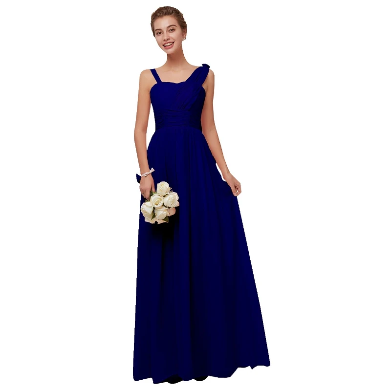 Navy Blue D Королевские синие шифоные платья для подружек невесты Длинные женские платья-трапеция большого размера на свадебные вечеринки и выпускной без рукавов - Цвет: Navy Blue D