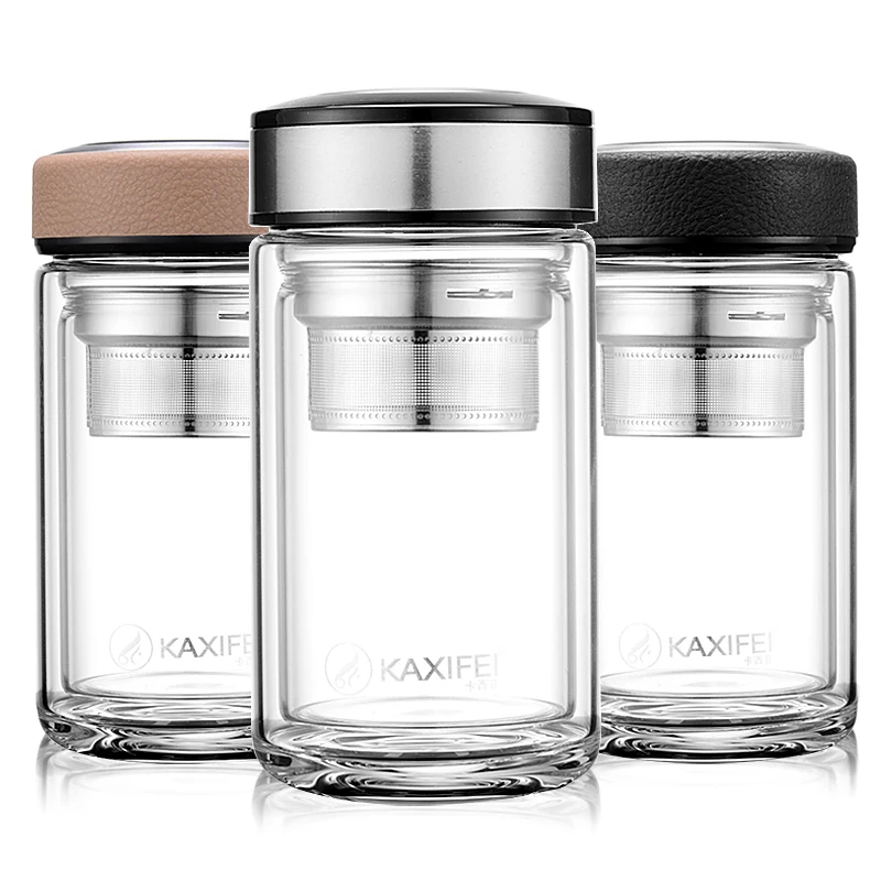 

Hot Leather 350ML Double Water Bottle Car Mounted Scald Proof My Glass Bottle For Water With Stainless Steel Filter Tea Tumbler