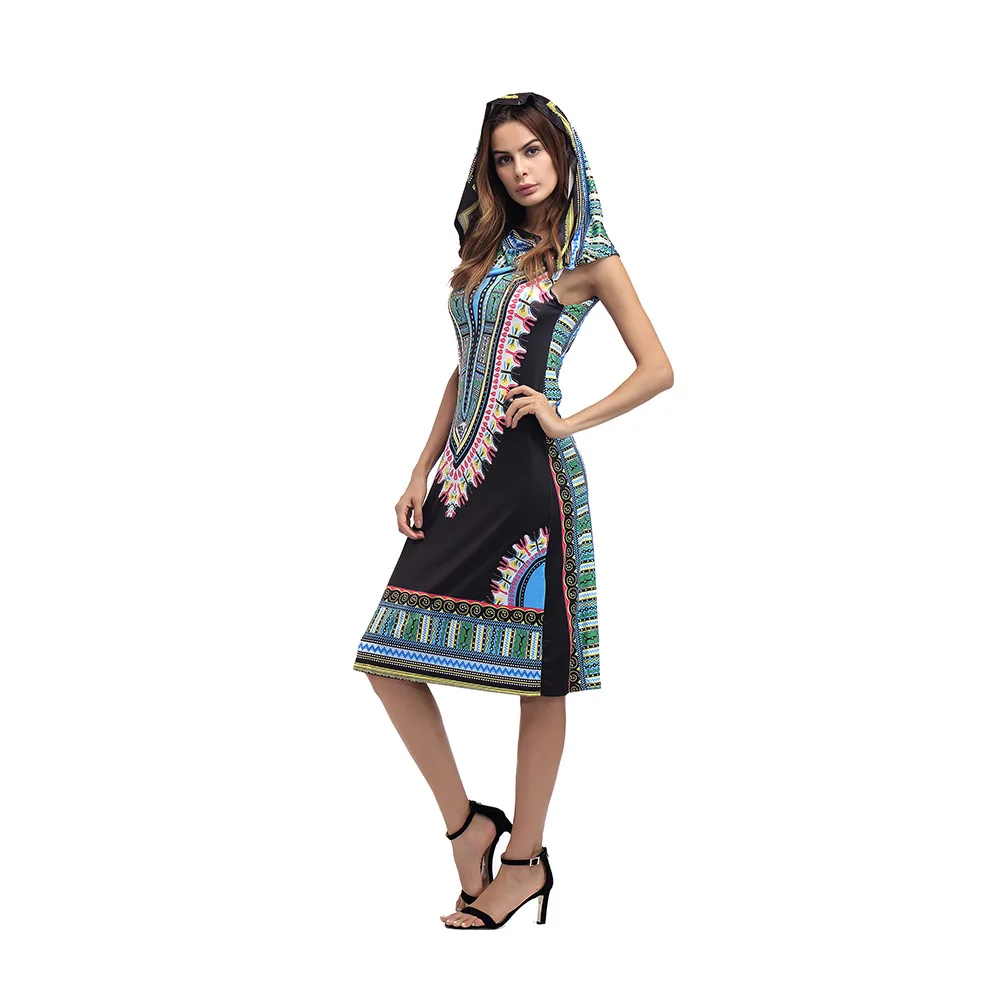 2018 Women Dress Suits Printed Geometric Hooded sleeveless summer printing hooded skirt female fashion national style Dress