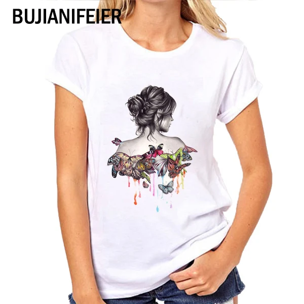 

BUJIANIFEIER 2019 NEW white fashion summer Short sleeve girl Slim fit print Girl and butterfly T-shirt BJN112