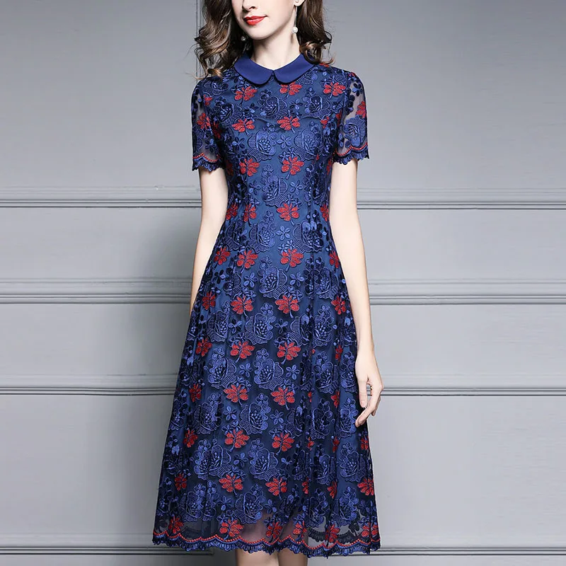 

2019 Summer New Elegant Slim A-Line Mesh Embroidery Dresses Plus Size Simple Fashion Short Sleeve Women Dresses LL3007
