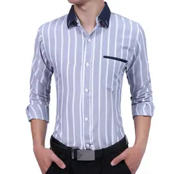 Бренд Мода 2017 г. мужской рубашки с длинными рукавами высокого качества в Вертикальную Полоску Рубашка мужская одежда Рубашки тонкий Для