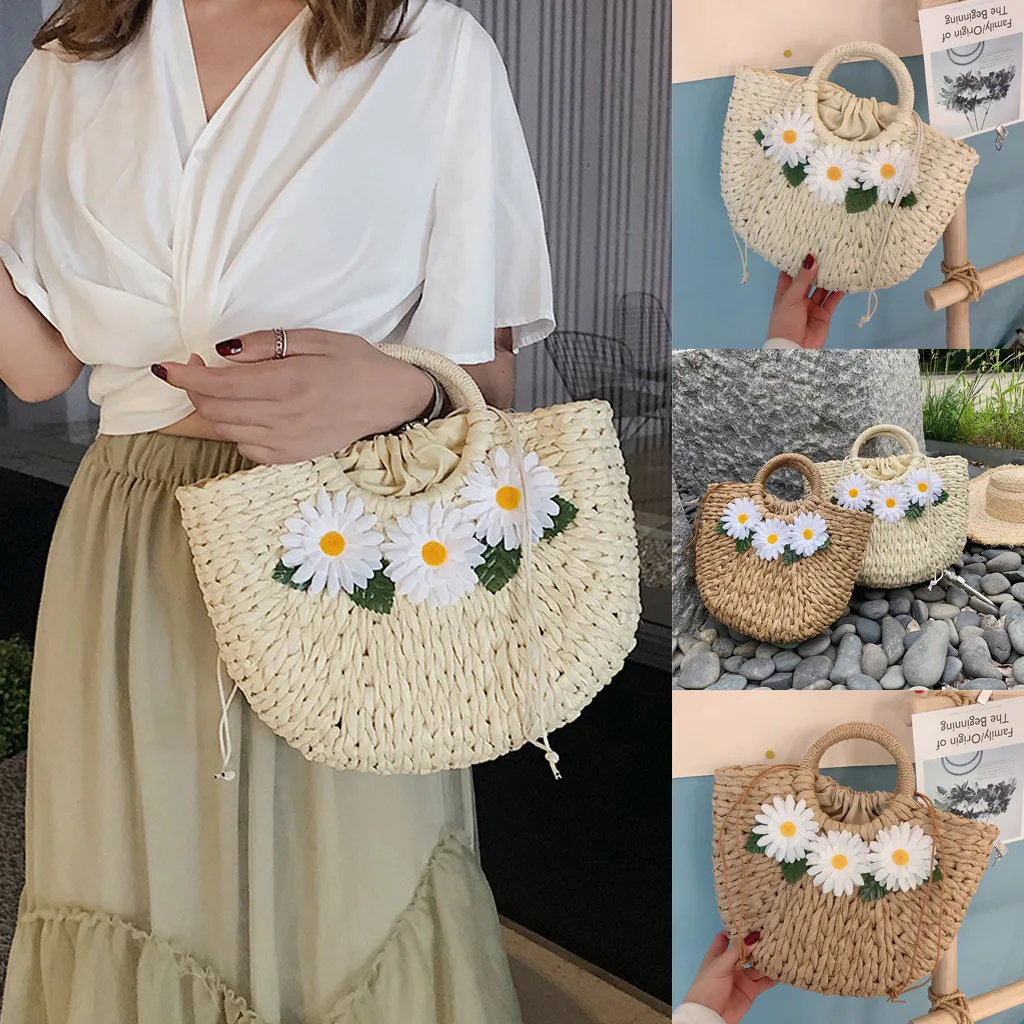 

Women's summer Fashion Retro beach straw pattern Woven Shoulder handle Bag Floral Handbag totes Bag Beach Bag