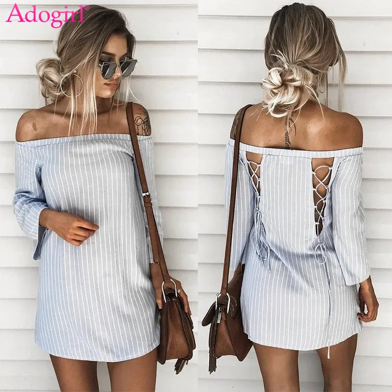 Goede Adogirl 2018 Herfst Vrouwen Streep Jurk Lace Up Back Sexy Slash Hals Off Shoulder Lange Mouwen Mini Casual Dress Club party Outfit