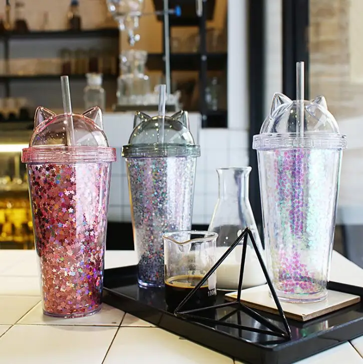 

New Creative Plastic BPA Free Water Bottle with Straw Flash Cat Ear Double Drinking Bottle Gift for Friend Child Drinkware