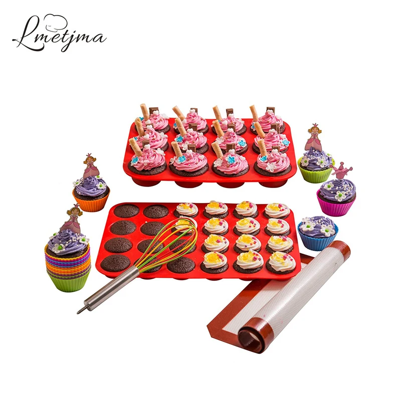 

LMETJMA Muffin Bakeware Set Silicone Cake Mold 12 pcs Cup Pan 2 pcs Muffin Cake Mold 1 pc Egg Whisk 1 pc Baking Mat Baking Set