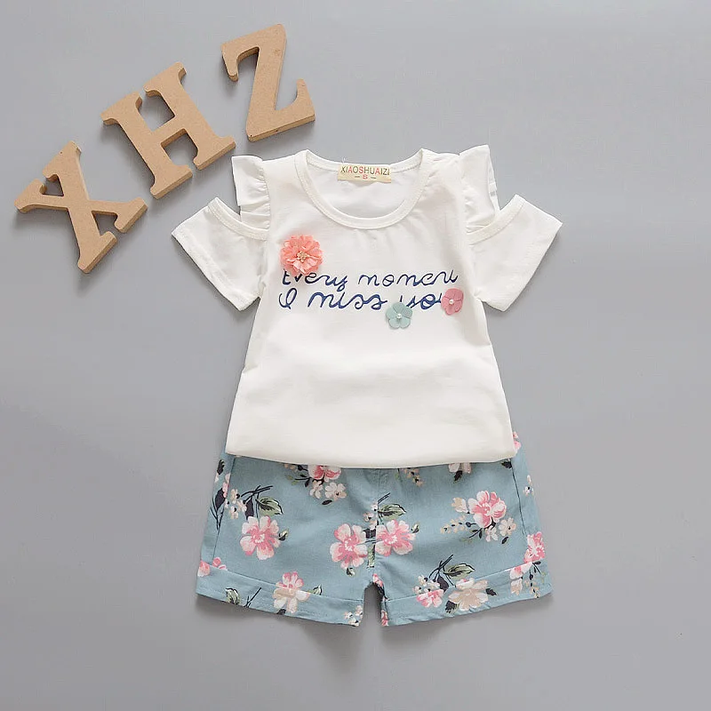 Baby Girl Clothes Summer Off Shoulder T-shirt+ Floral Shorts Children Clothes Little Girl Kids Outfits Fashion Sport Suit Set