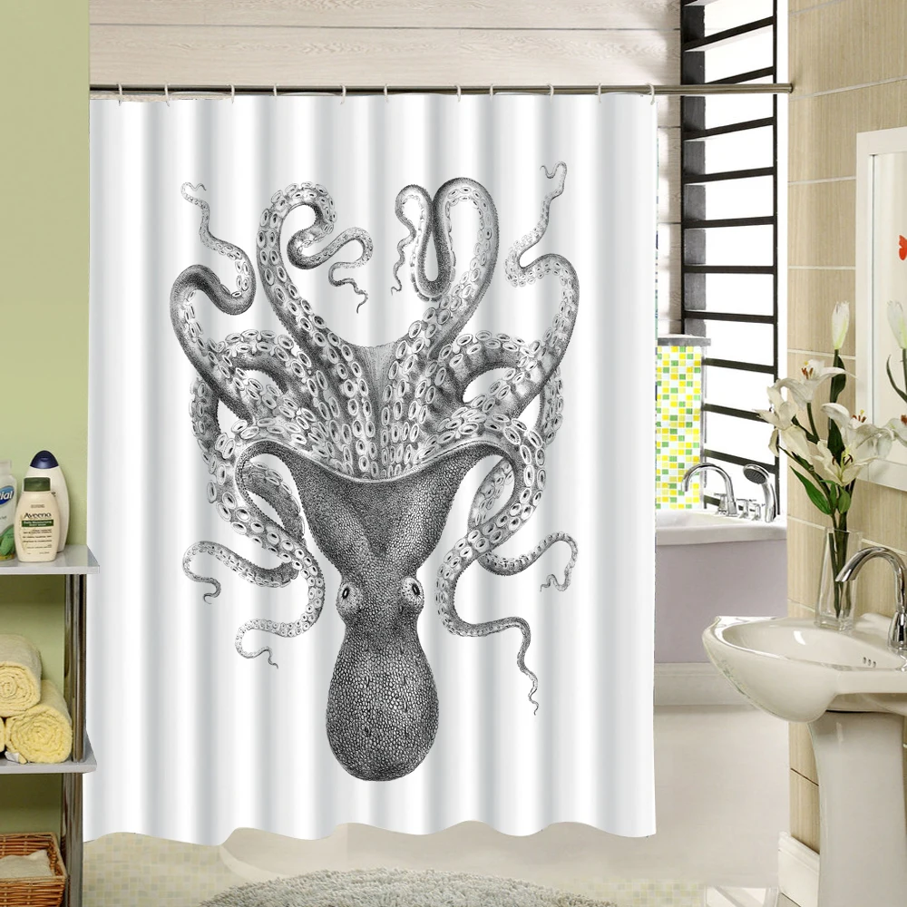Octopus Shower Curtain Black and White Sea Animal Pattern Waterproof