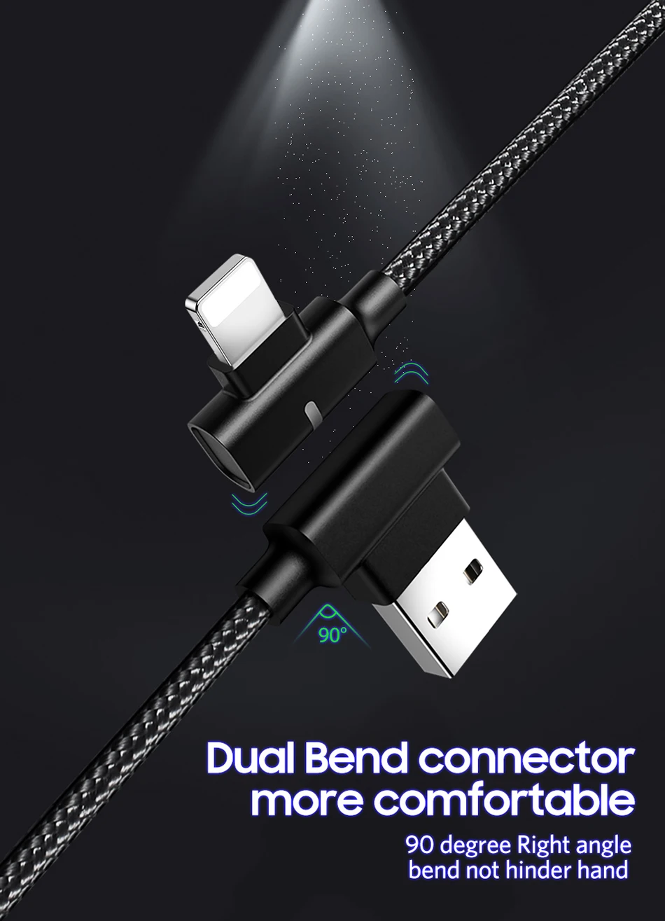 Benks Dual L Shape Lightning Data Cable 8 Pin For iPhone X XS XR 10 8 7 6s 5 Plus Fast Charge USB Charging Cables LED Light 1 (3)