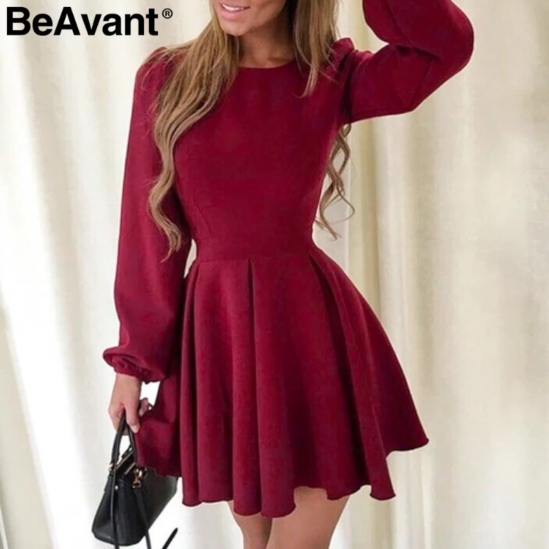 BeAvant Wine red winter women dress elegant Long sleeve pleated party dress casual High waist short dress robe femme hiver 2018