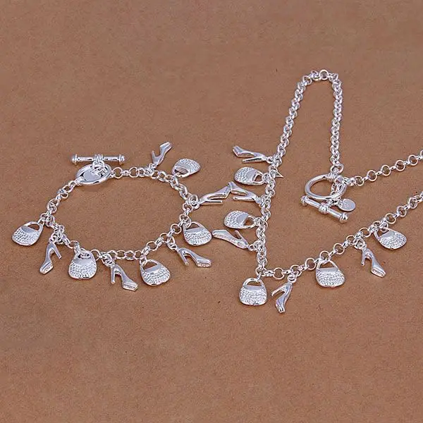 

S131 925 Hot Selling silver jewelry set, fashion jewelry set High Heels & Purse Bracelet Necklace S131 /akrajbya awjajnqa