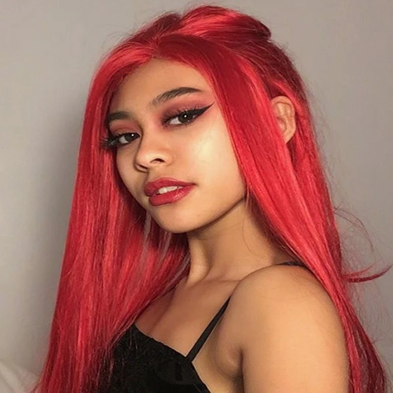 

26 Inches Red Long Synthetic Lace Wig Front Wave Straight Hair Wig For Women Cosplay With Stable Hairnet Wig Caps Hair Extension