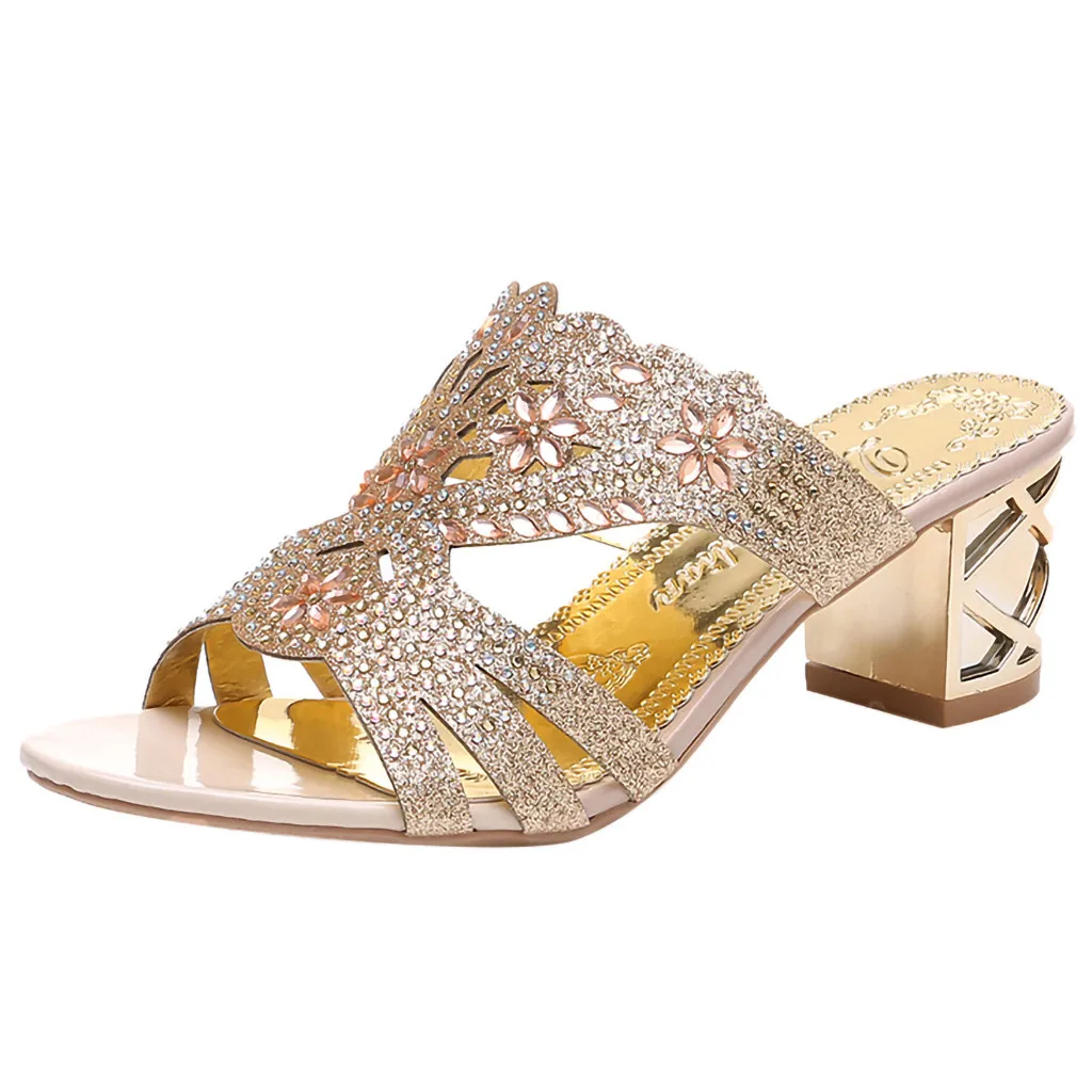 

SAGACE Women's Large Size Crystal Hollow Out Slotted Chunky Heels Slipper Shoes Sexy High Quality Outsid Ladies Shoes 2019