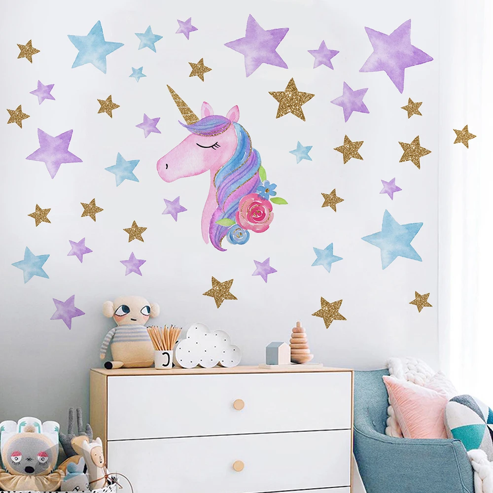 Фантазийный Единорог звезды Радуга стикер на стену девушки спальня стенографическая наклейка DIY декорации для детских садов