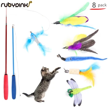 

Rubydink Funny Cat Toy Set Teaser Multi Color Bird Feather Goods for Cats Cat Catcher Teaser Stick Toys Cat Supplies 8 pcs set