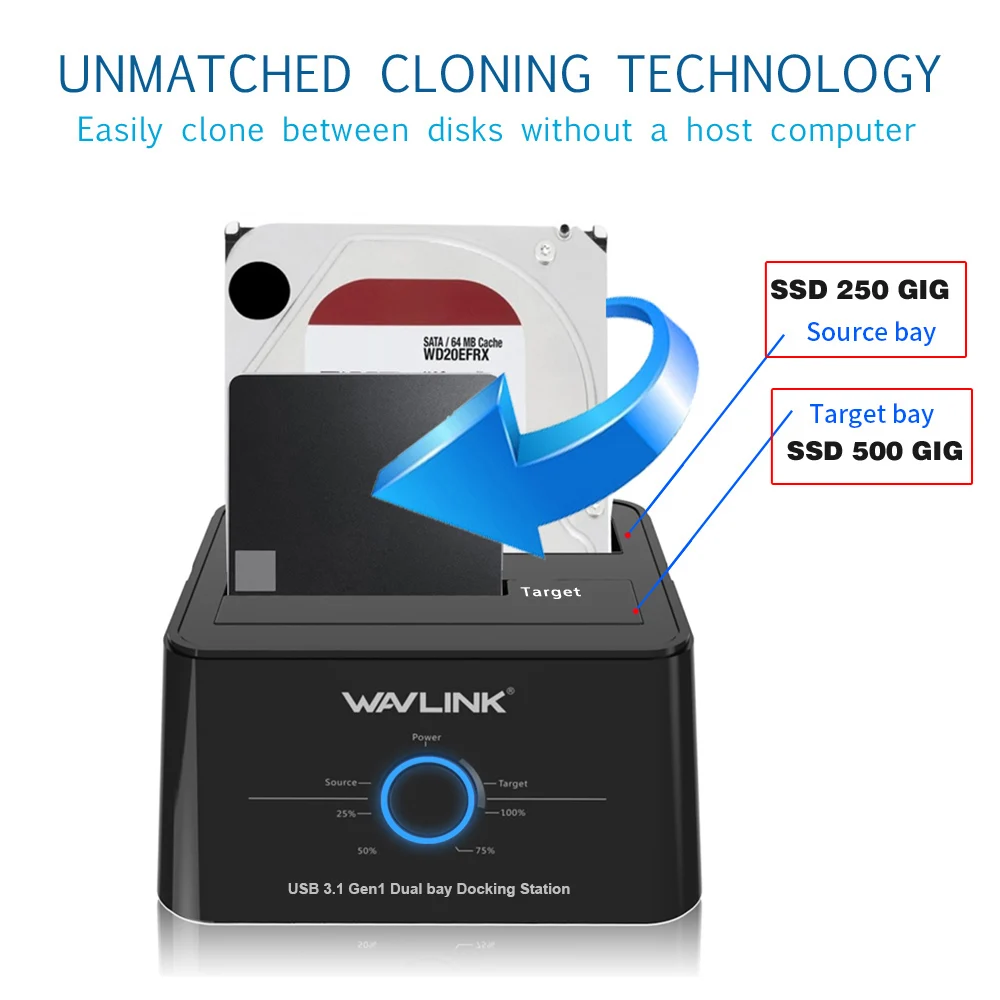 Док станция Wavlink USB 3 1 TypeC для SATA Dual Bay 2 5/3 5 SSD HDD 1/2 корпус 2*8 ТБ автономное создание
