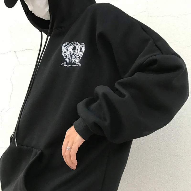 Lychee Girls Head Embroidery Hooded Fleece Sweatshirt Long Sleeve Pocket Hoodies Autumn Winter Casu