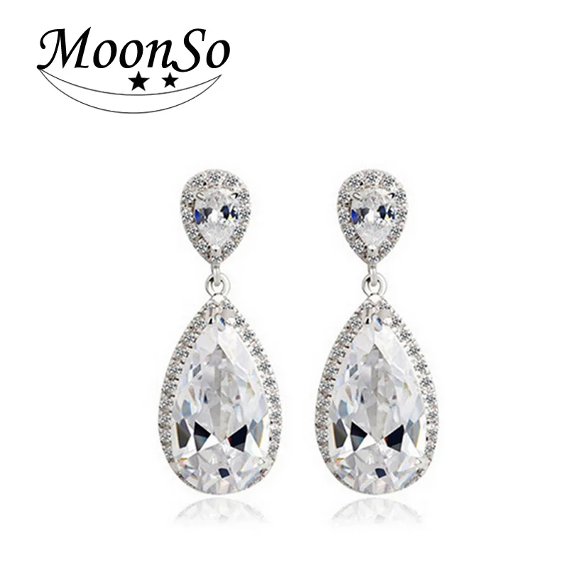 

Moonso 925 Silver Earrings dangle drop long earings CZ big earing for women Wedding Jewelry Big drops of water LE510