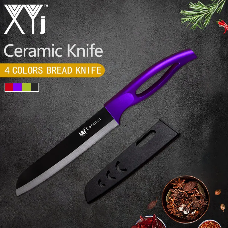 XYj 6 дюймов хлеб керамический нож черное лезвие многоцветный полый ABS+ TRR ручка нож крышка и Овощечистка инструмент для приготовления пищи - Цвет: Фиолетовый