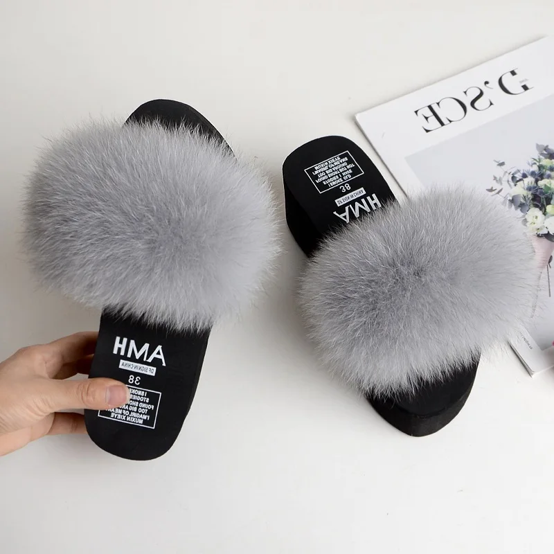 

Fluffy Women's Real Fox Fur Slides for Women Big Fox Hair Furry Slippers Platform Wedges High Heel Sandal Beach Slipper Summer