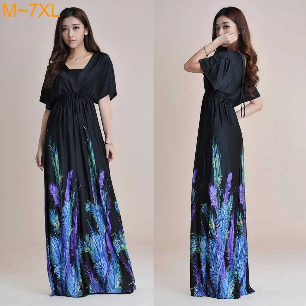 Buy Cheap Womens Bohemian V Neck Long Beach Dress High Waist Halter Ladies Summer Maxi Dress Feather Print Black Maxi Dress M~7xl