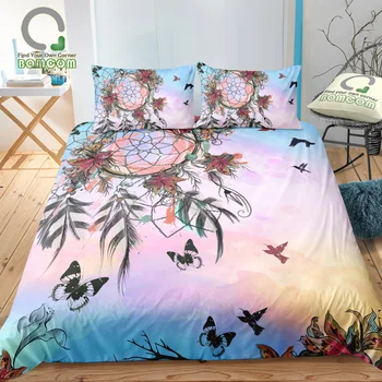 

BOMCOM 3D Digital Printing Bedding Set Colorful Dreamcatcher Butterfly Hummingbird Lily 3-Piece Duvet Cover Sets 100% Microfiber
