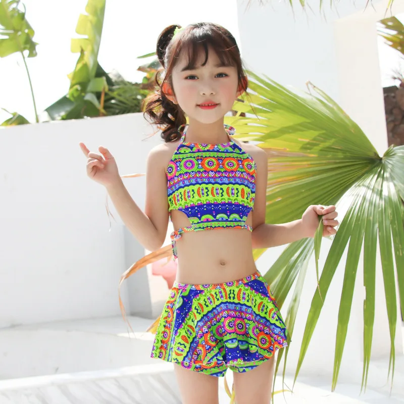 

Children Split Bikini Swimwear 2019 New Summer New Style Professional Sport Swimsuit Lovely Girls Print Halter Baby's Beach Wear